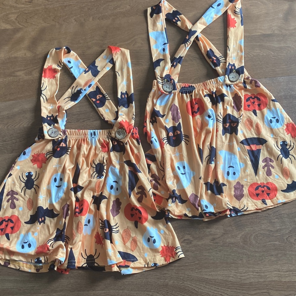 Kids Twins Halloween Print Suspender Skirt - Orange